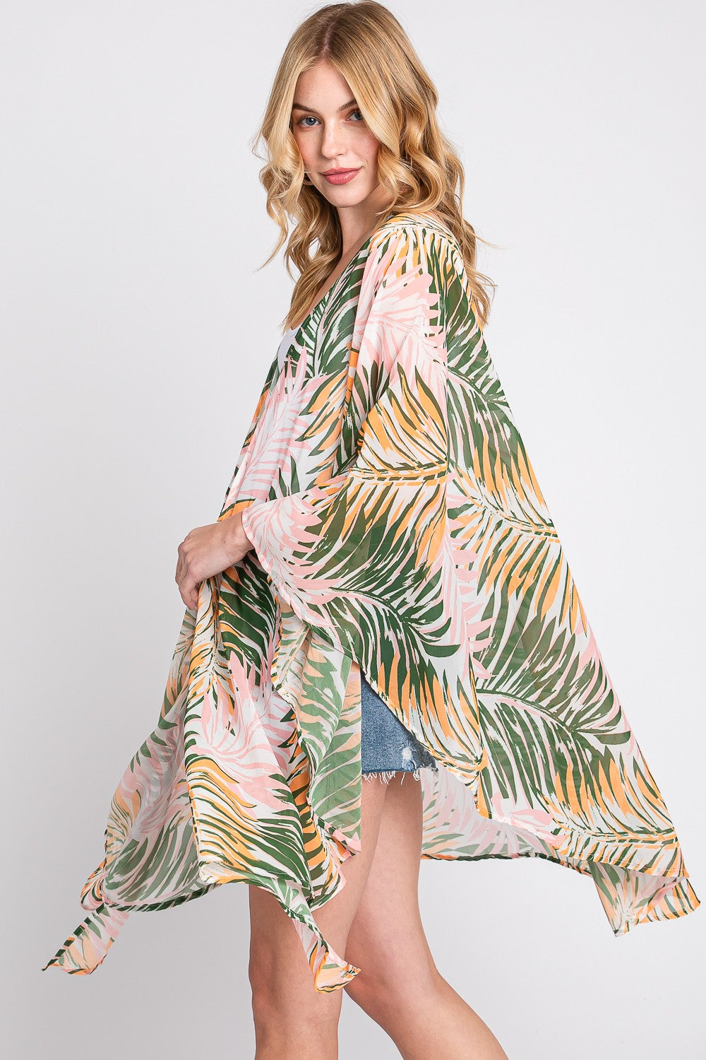 Tropical Leaves Print Shawl Cover-Up