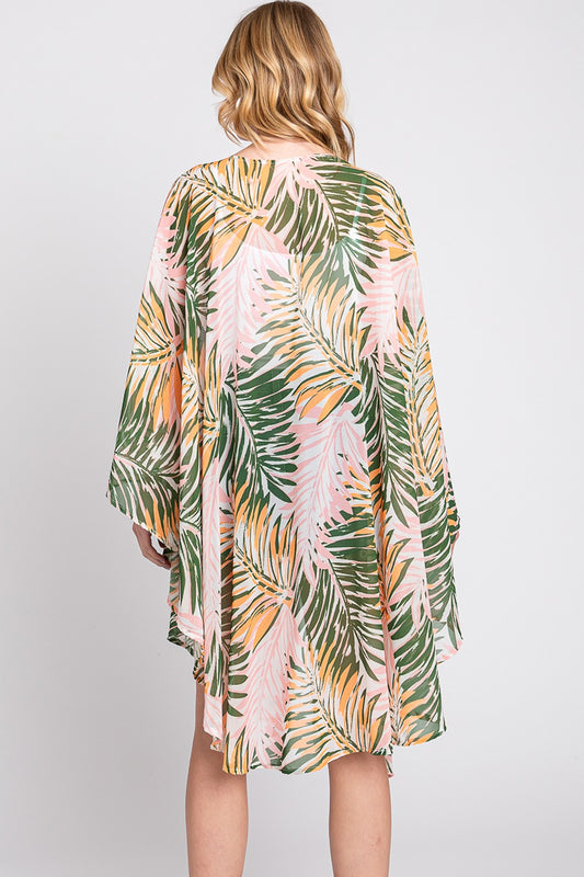 Tropical Leaves Print Shawl Cover-Up