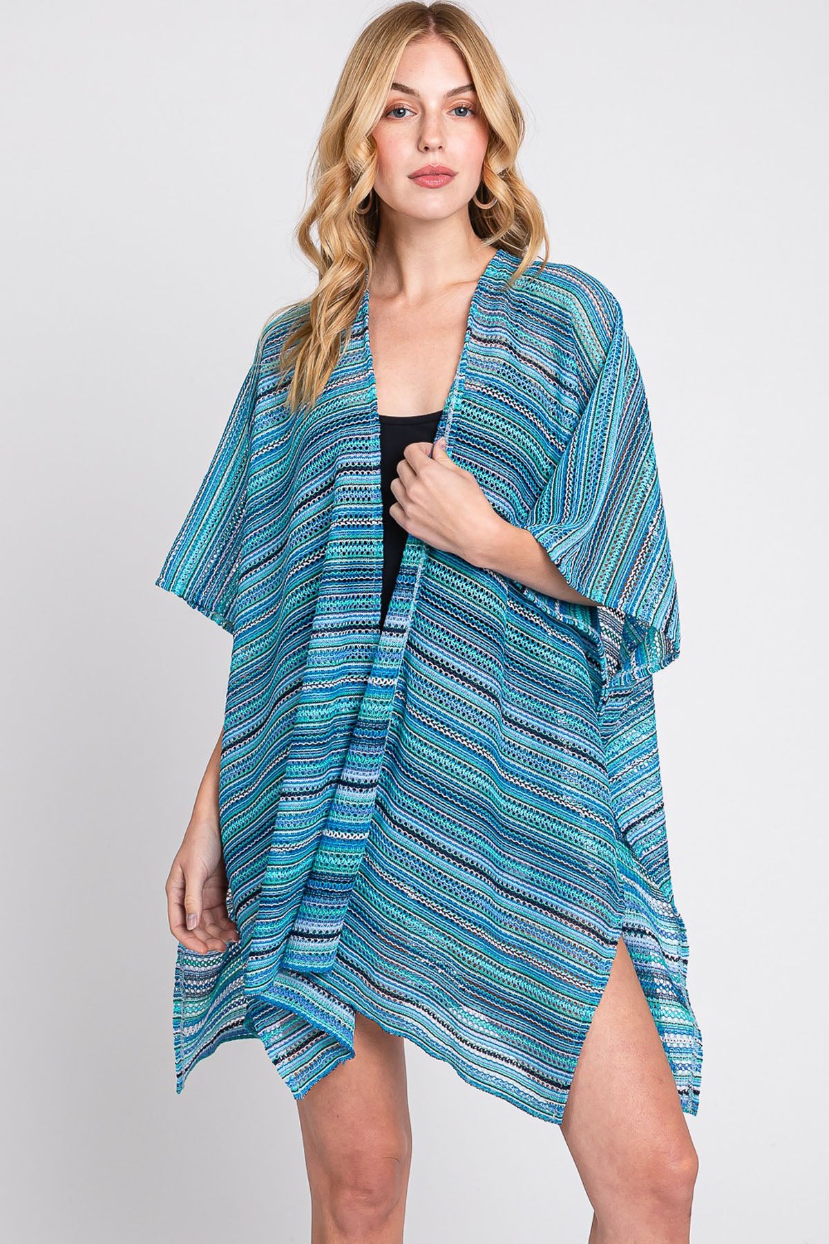 Multi Color Stripe Crochet Open Front Cover-Up