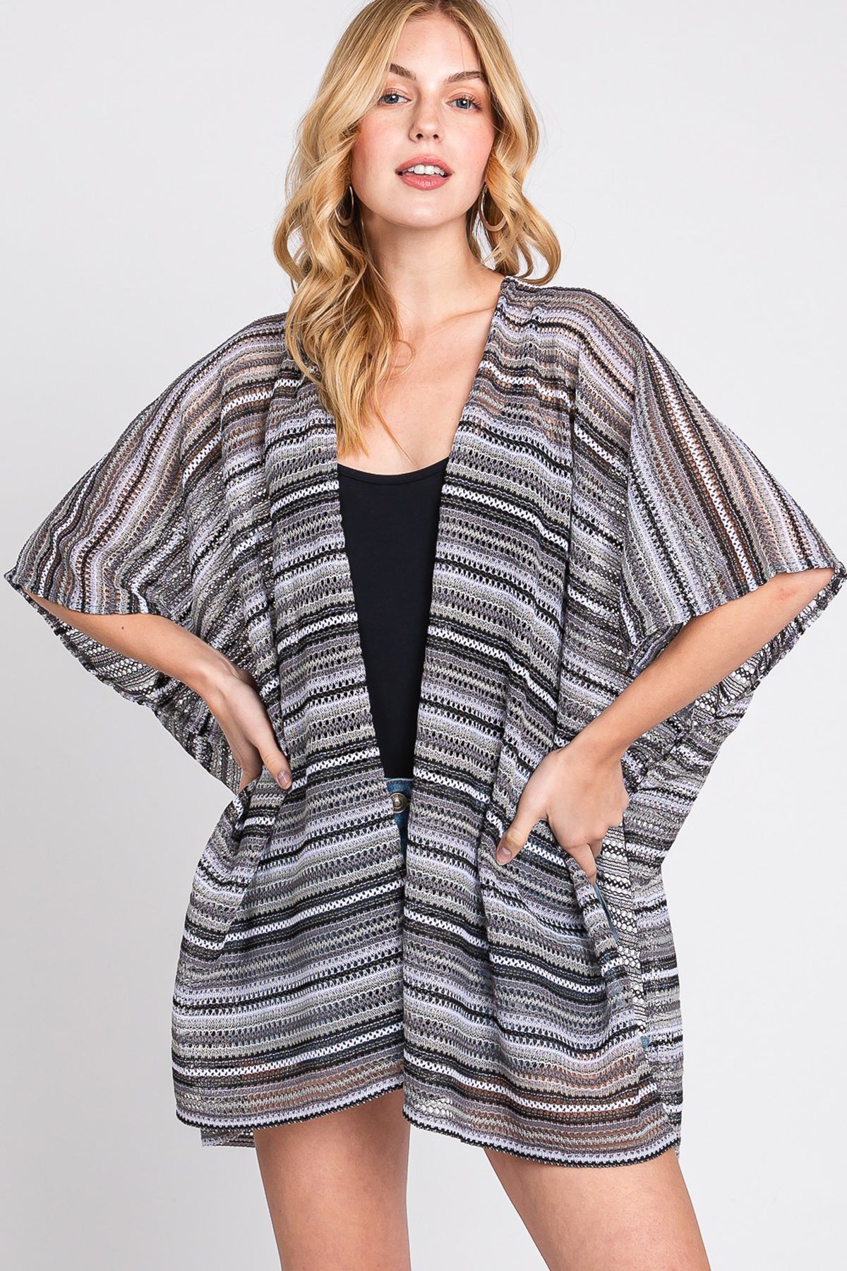 Multi Color Stripe Crochet Open Front Cover-Up