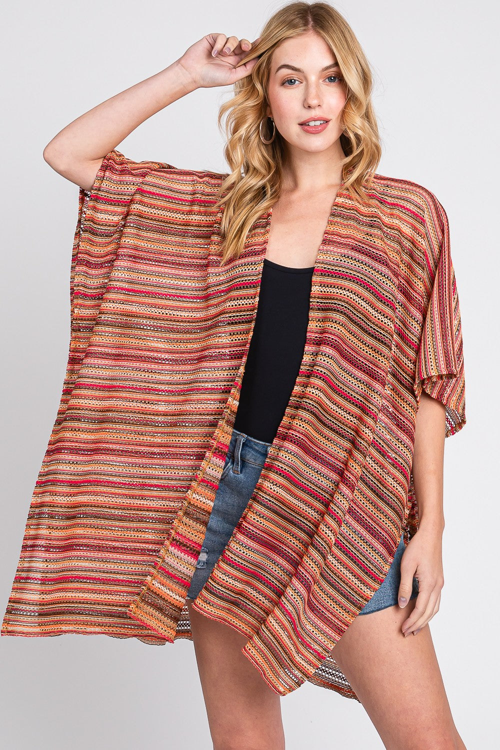 Multi Color Stripe Crochet Open Front Cover-Up
