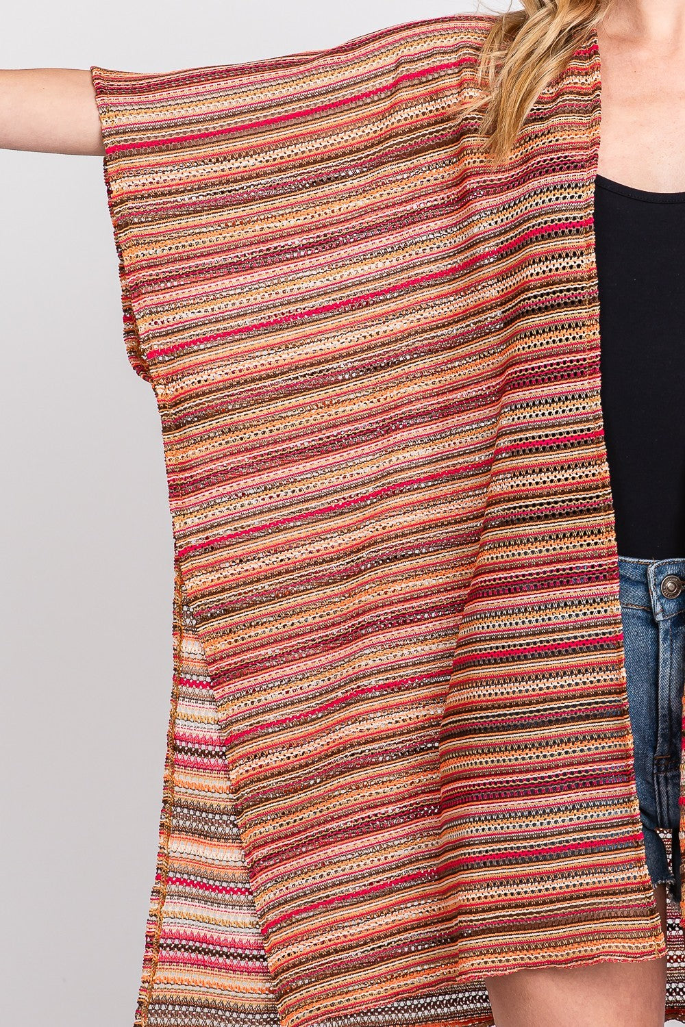 Multi Color Stripe Crochet Open Front Cover-Up