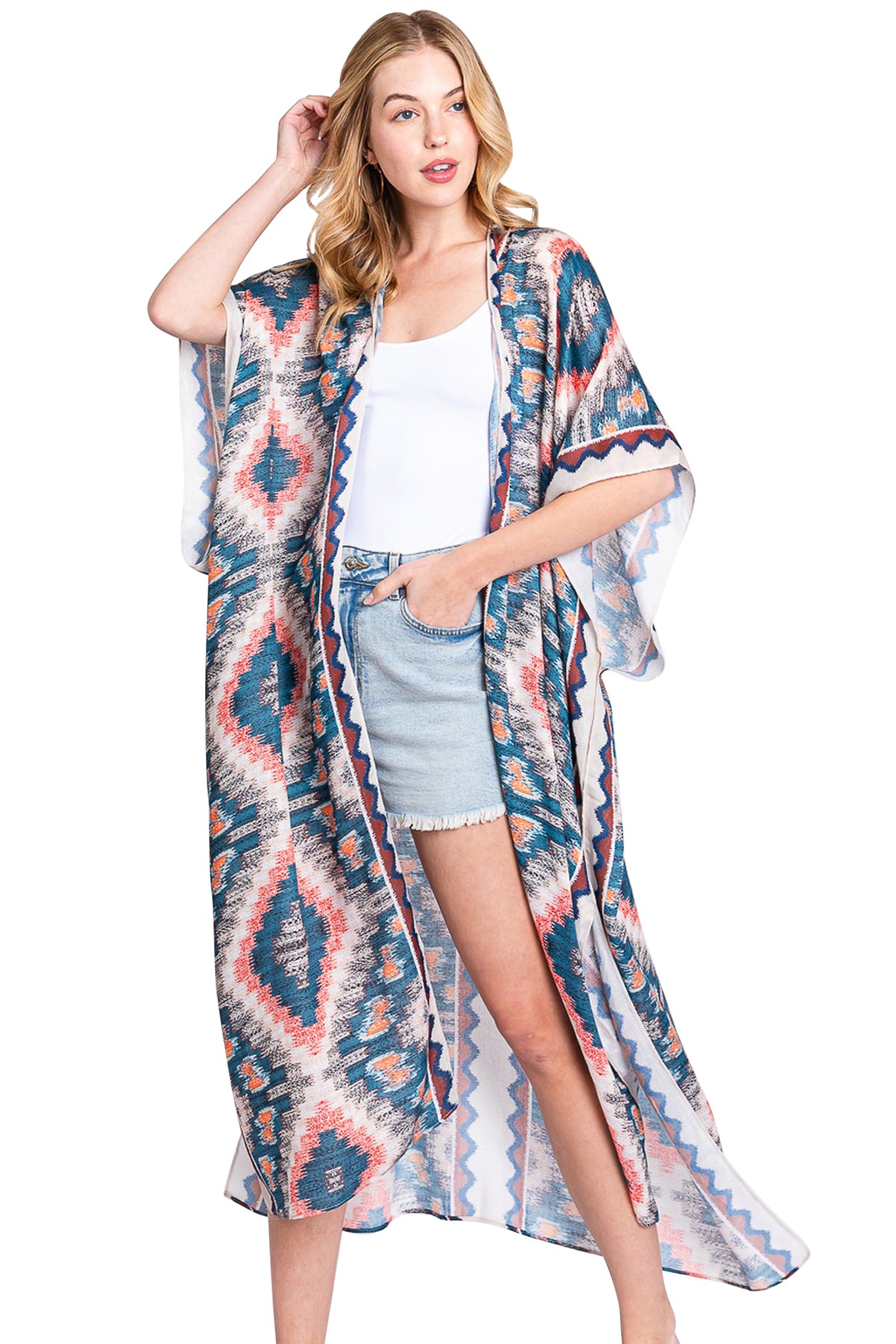 Aztec Print Open Front Long Kimono