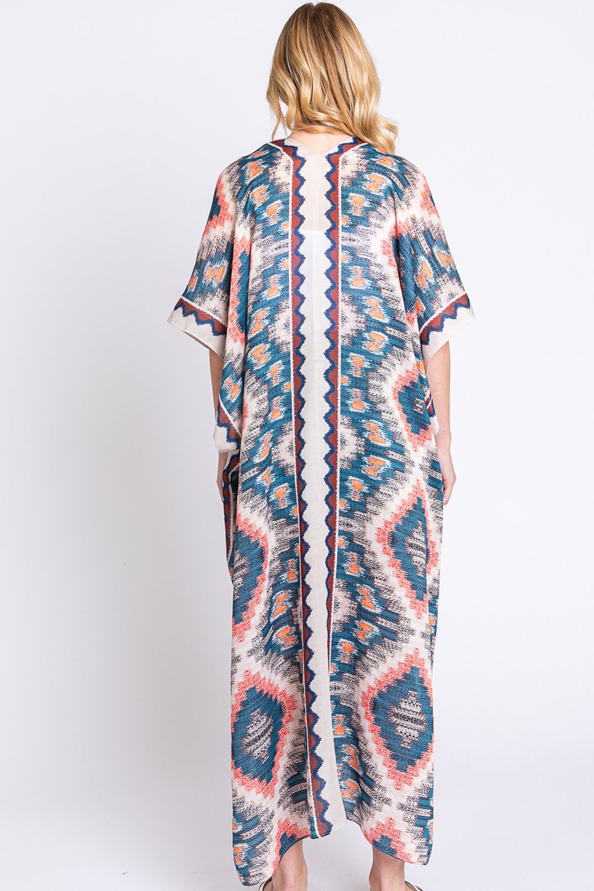 Aztec Print Open Front Long Kimono
