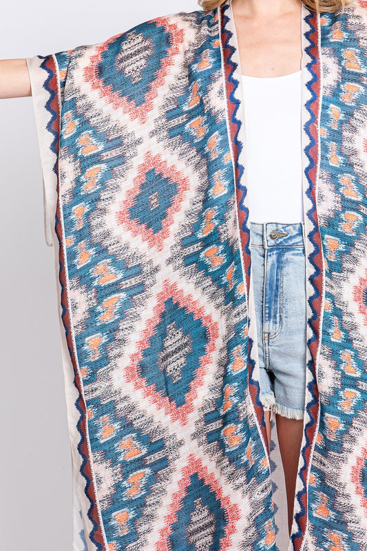 Aztec Print Open Front Long Kimono
