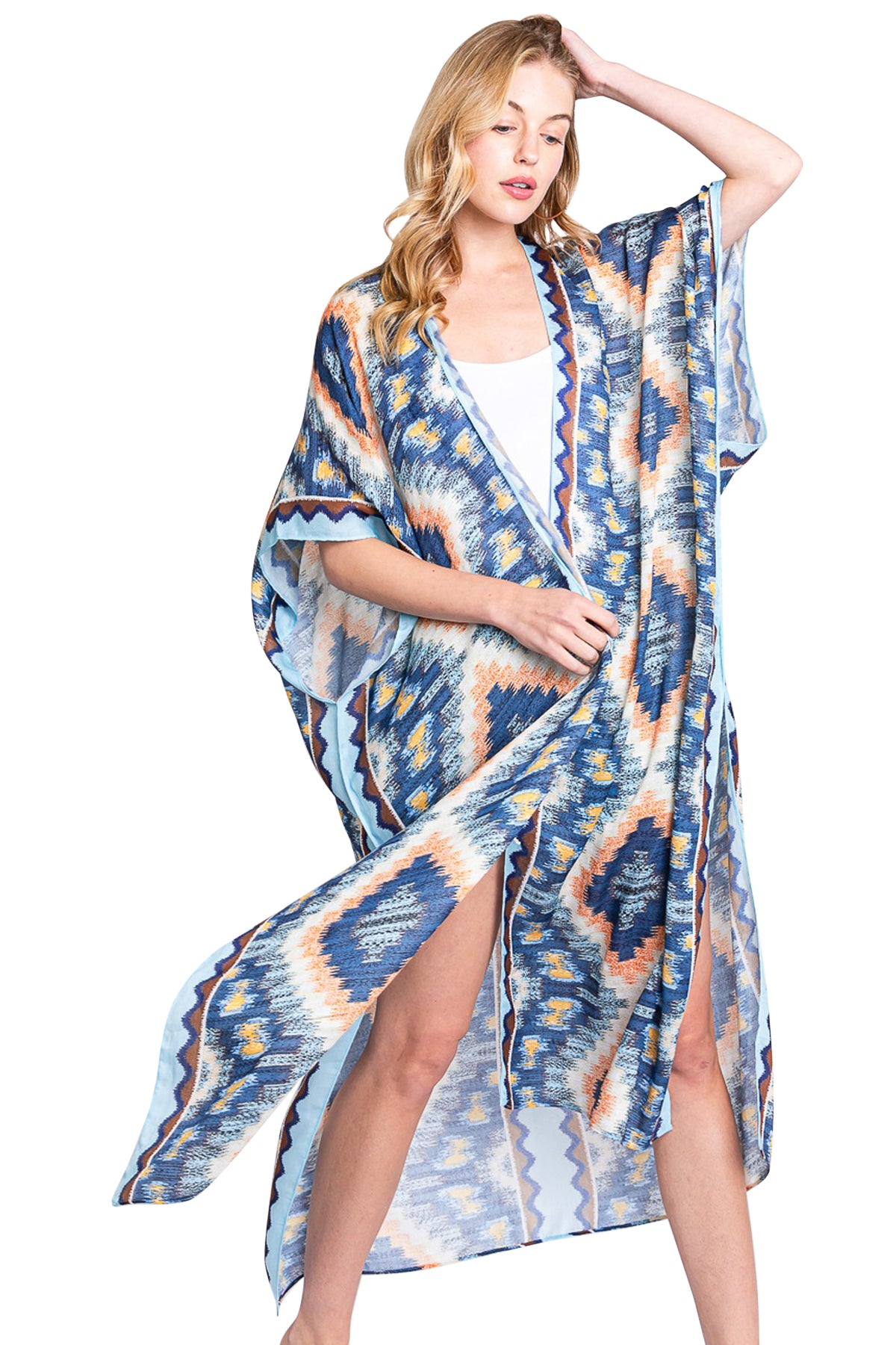 Aztec Print Open Front Long Kimono
