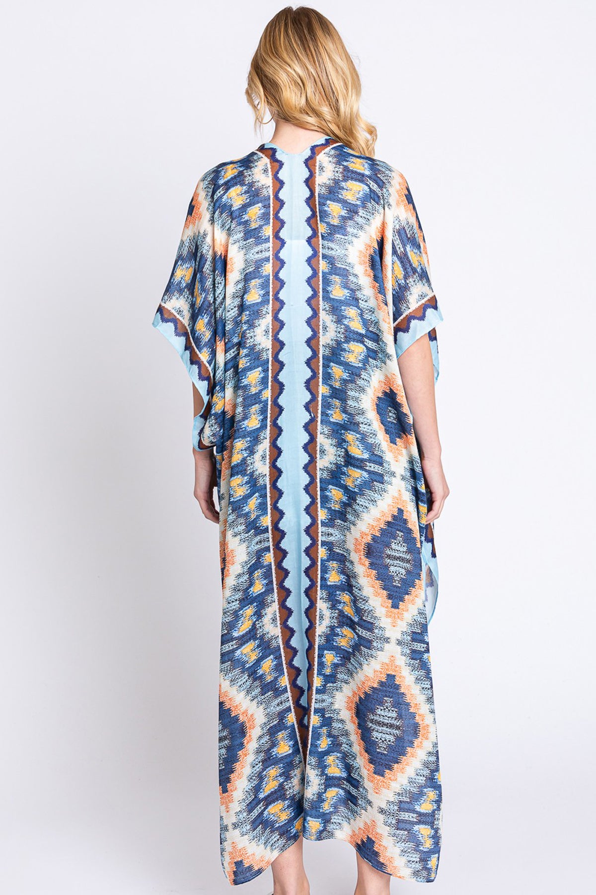 Aztec Print Open Front Long Kimono