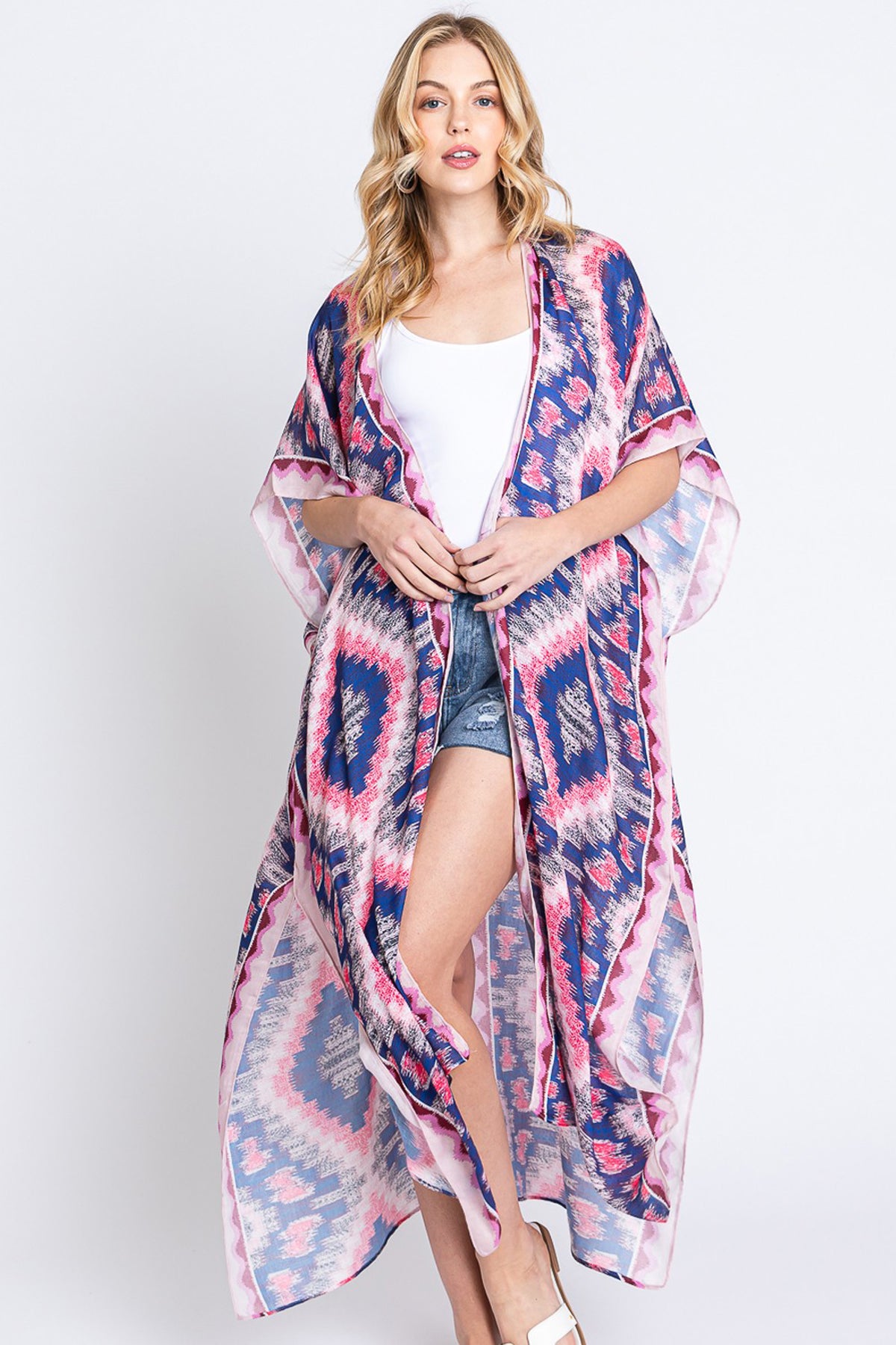 Aztec Print Open Front Long Kimono