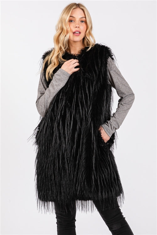Faux Fur Pocket Vest Black