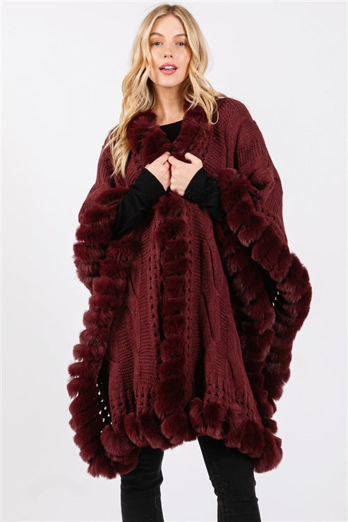 Faux Fur Collar and Trim Cape With Closure