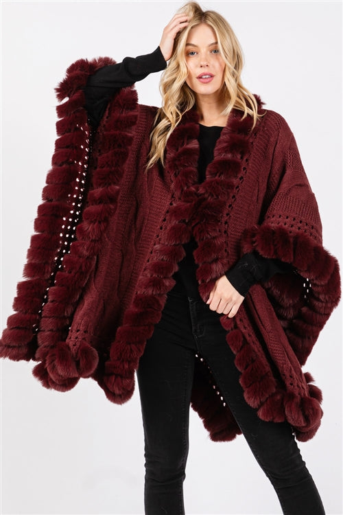 Faux Fur Collar and Trim Cape With Closure