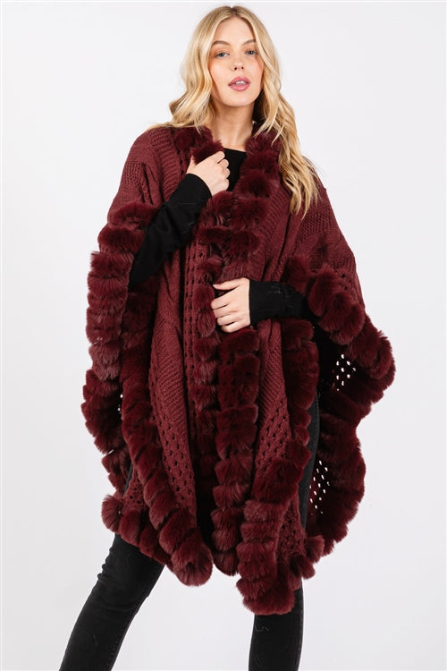 Faux Fur Collar and Trim Cape With Closure