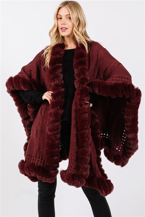 Faux Fur Collar and Trim Cape With Closure