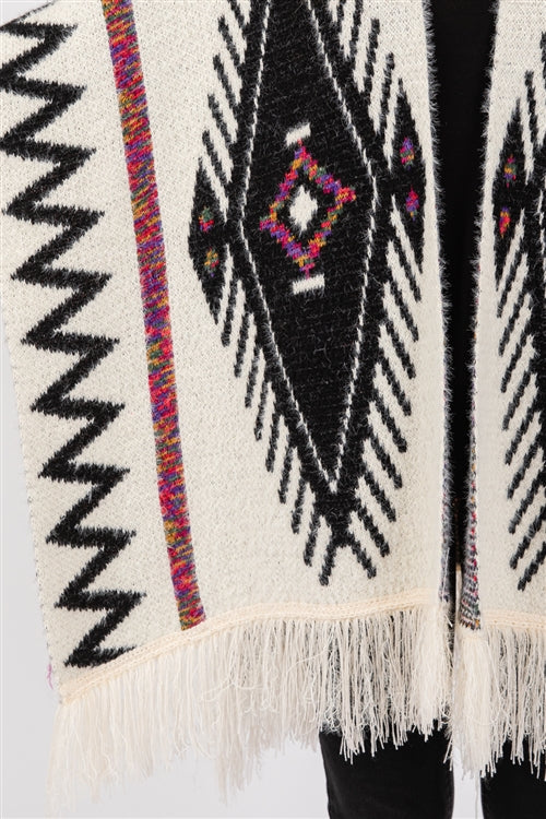 Fuzzy Aztec Pattern Tassel Knit Ruana