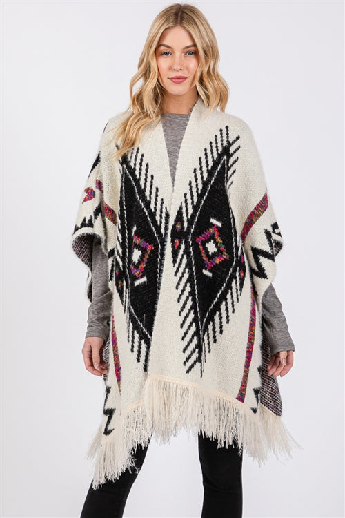 Fuzzy Aztec Pattern Tassel Knit Ruana