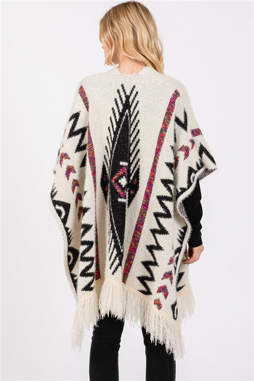 Fuzzy Aztec Pattern Tassel Knit Ruana