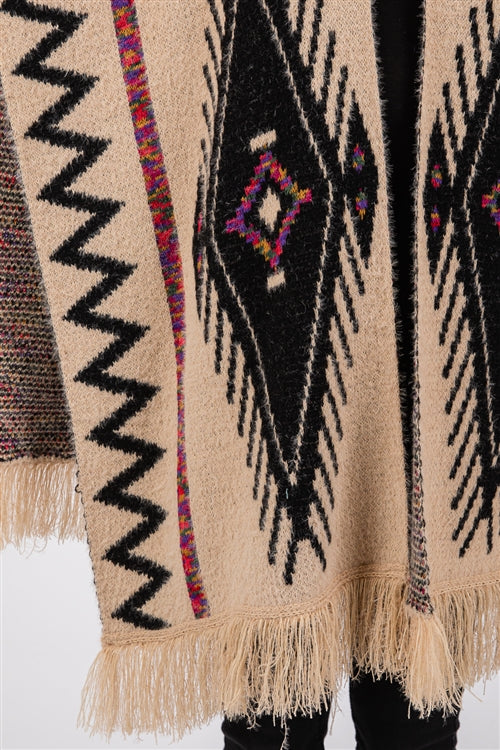 Fuzzy Aztec Pattern Tassel Knit Ruana