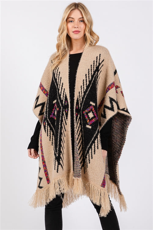 Fuzzy Aztec Pattern Tassel Knit Ruana