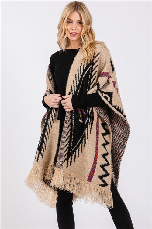 Fuzzy Aztec Pattern Tassel Knit Ruana