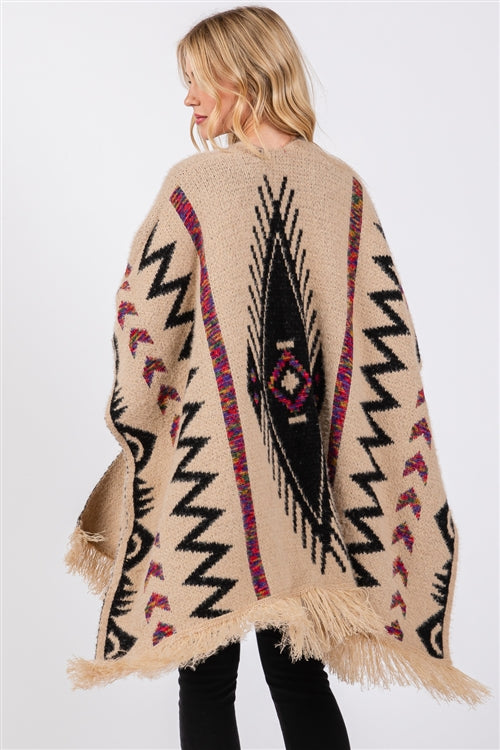 Fuzzy Aztec Pattern Tassel Knit Ruana