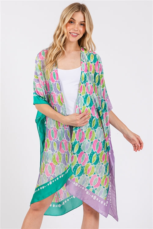 Two Tones Trim Abstract Print Silky Feel Kimono