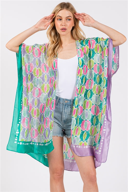 Two Tones Trim Abstract Print Silky Feel Kimono