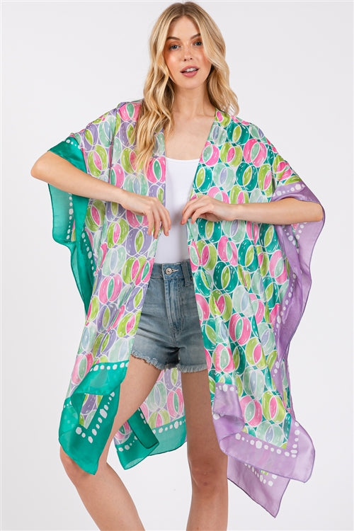 Two Tones Trim Abstract Print Silky Feel Kimono