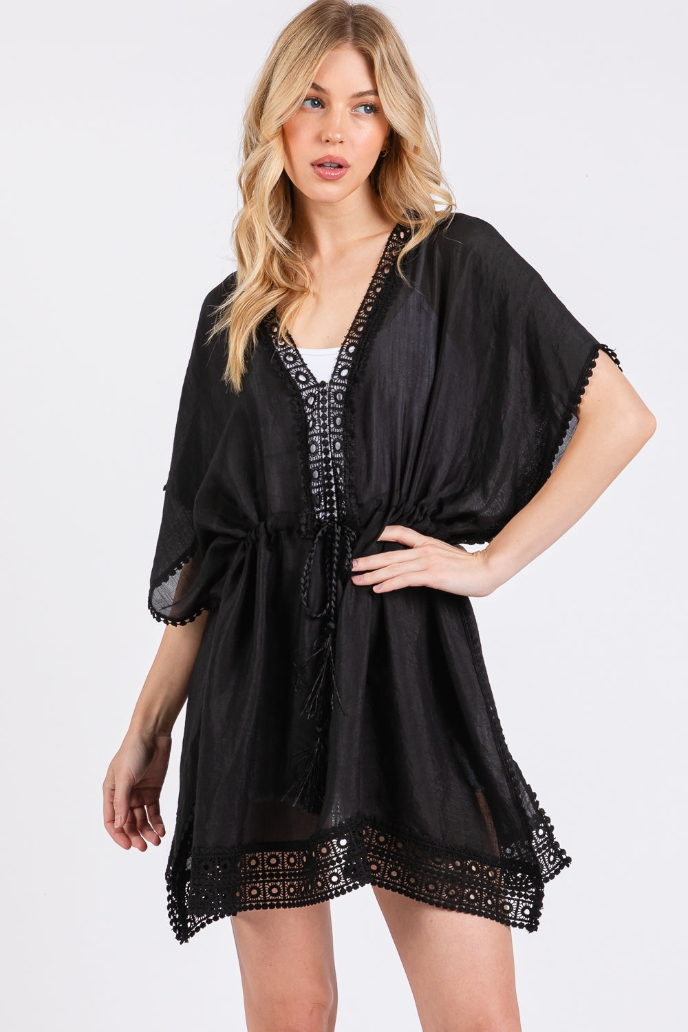 Crochet Trim And Front Drawstring Poncho