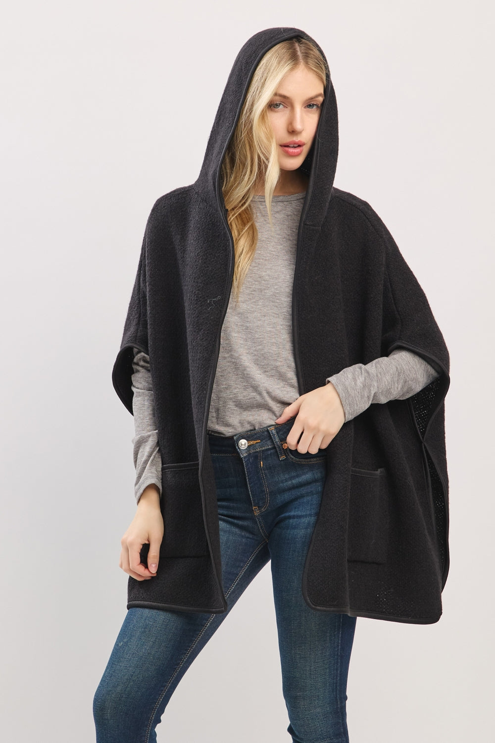 Hooded Poncho With Trim And Front Pockets