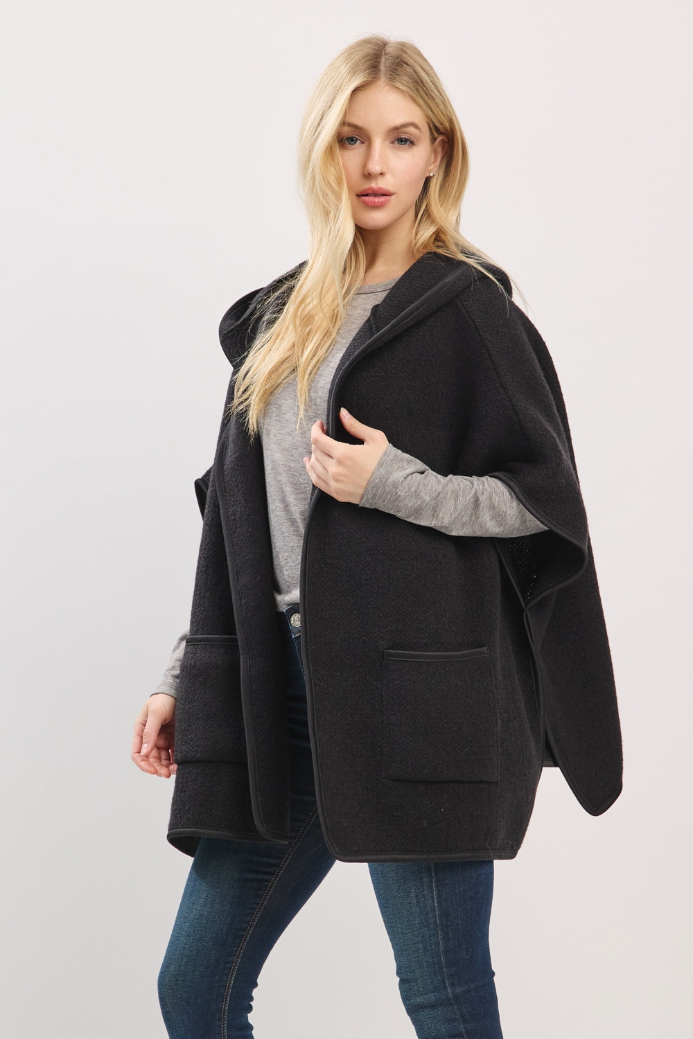 Hooded Poncho With Trim And Front Pockets