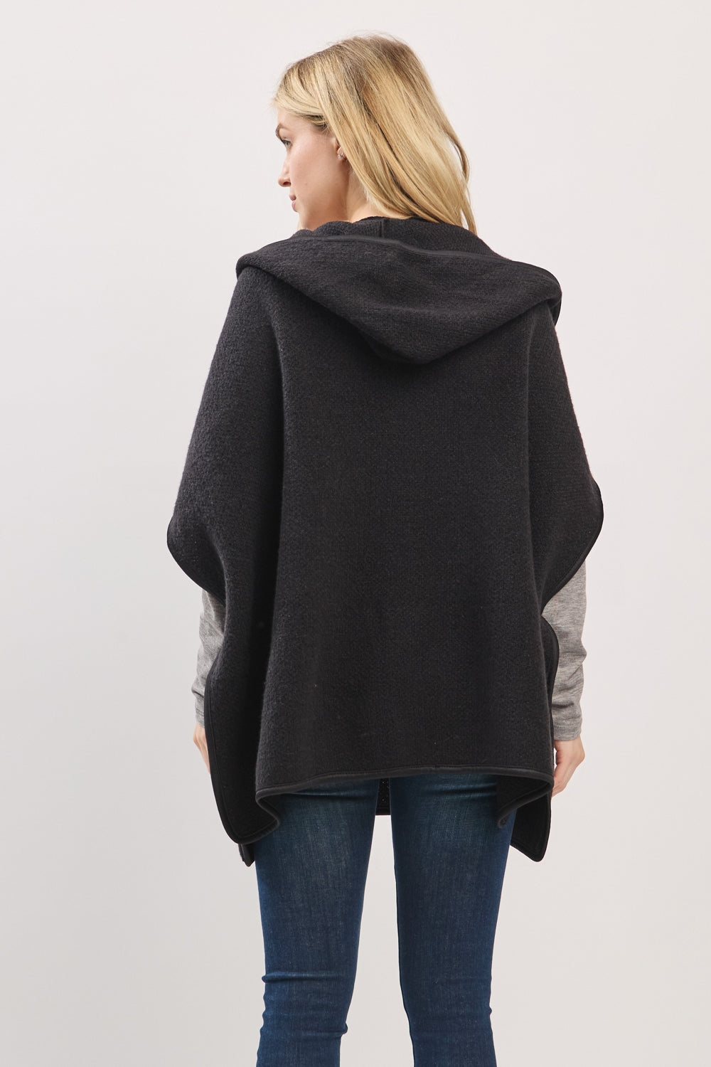 Hooded Poncho With Trim And Front Pockets