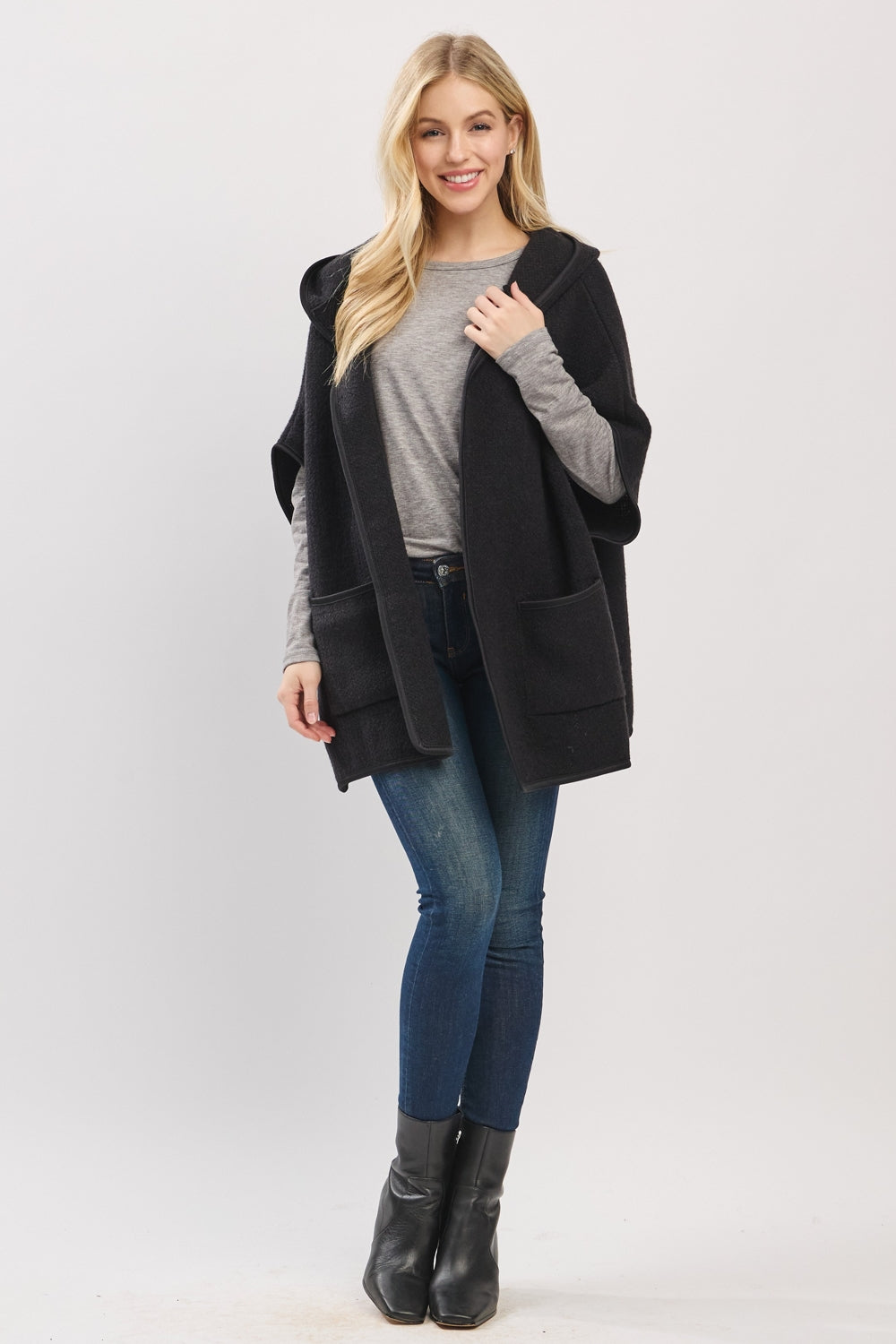 Hooded Poncho With Trim And Front Pockets