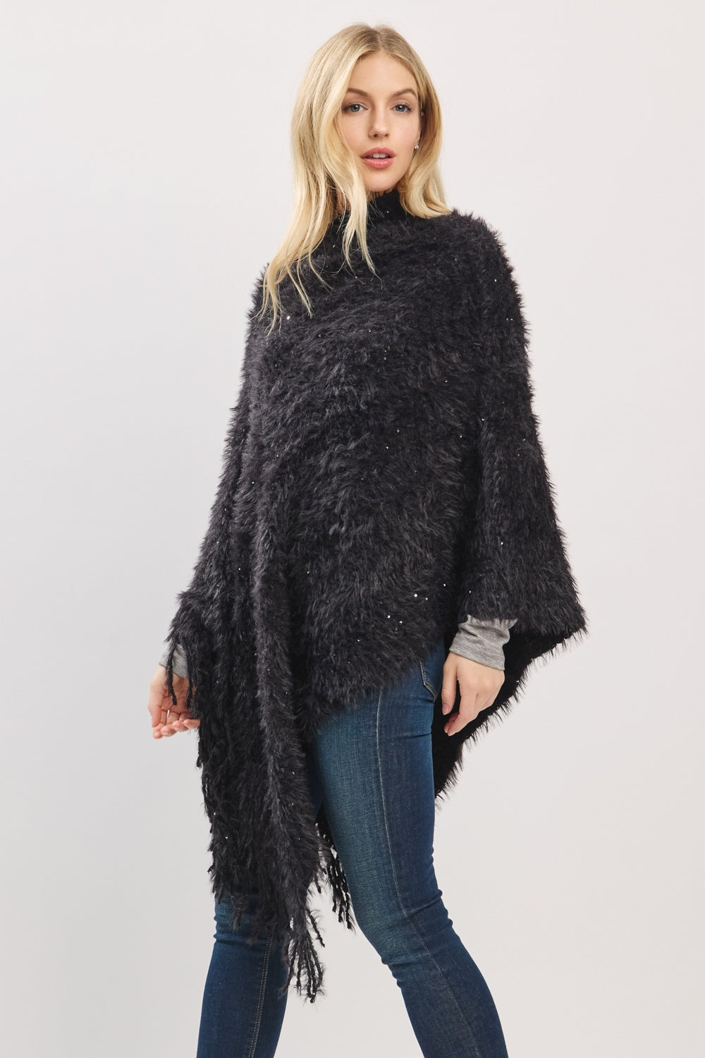 Lightweight Fuzzy Sequin Poncho With Fringe