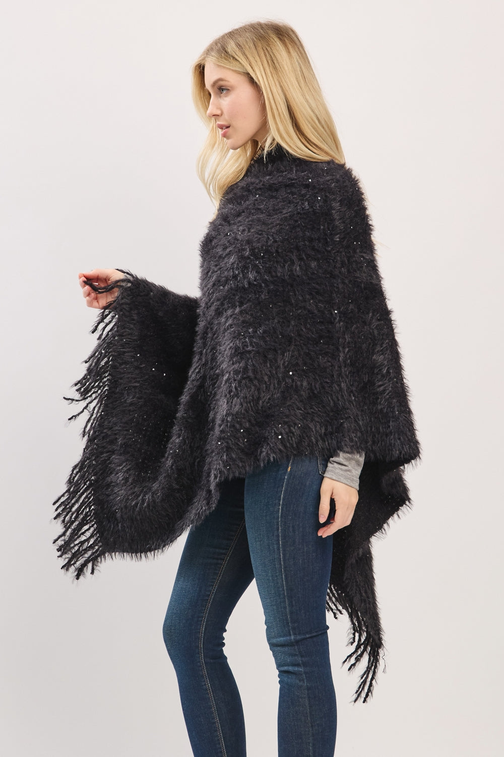 Lightweight Fuzzy Sequin Poncho With Fringe