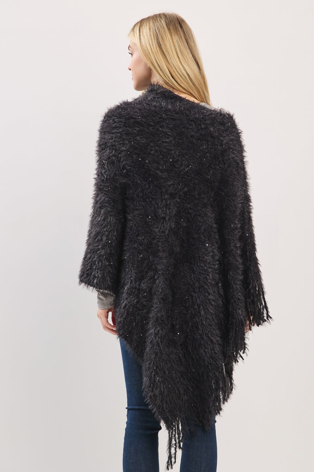 Lightweight Fuzzy Sequin Poncho With Fringe