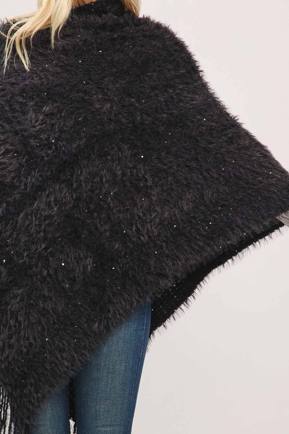 Lightweight Fuzzy Sequin Poncho With Fringe