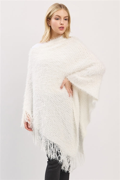 Lightweight Fuzzy Sequin Poncho With Fringe