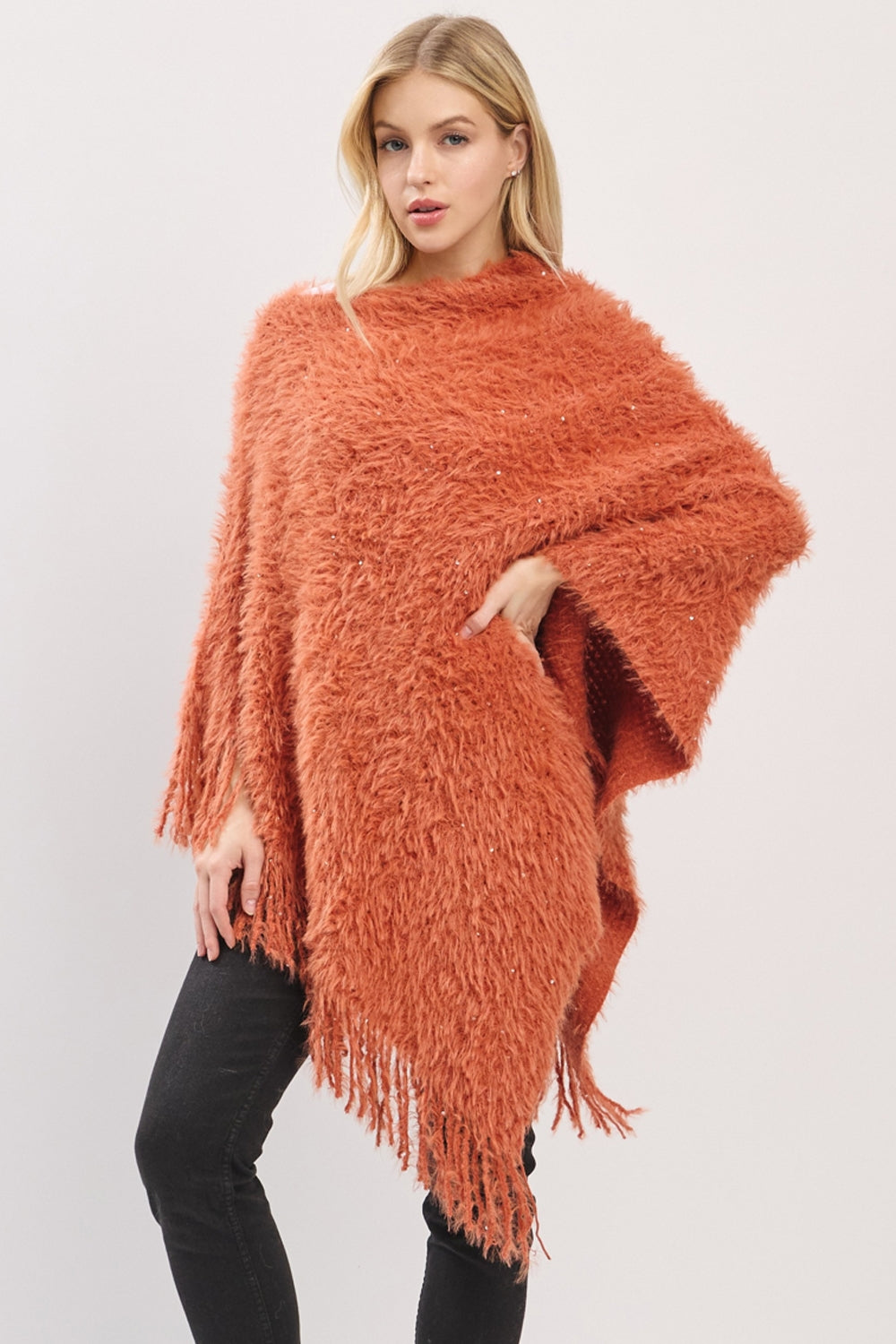 Lightweight Fuzzy Sequin Poncho With Fringe
