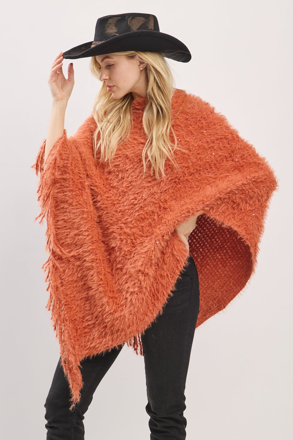 Lightweight Fuzzy Sequin Poncho With Fringe