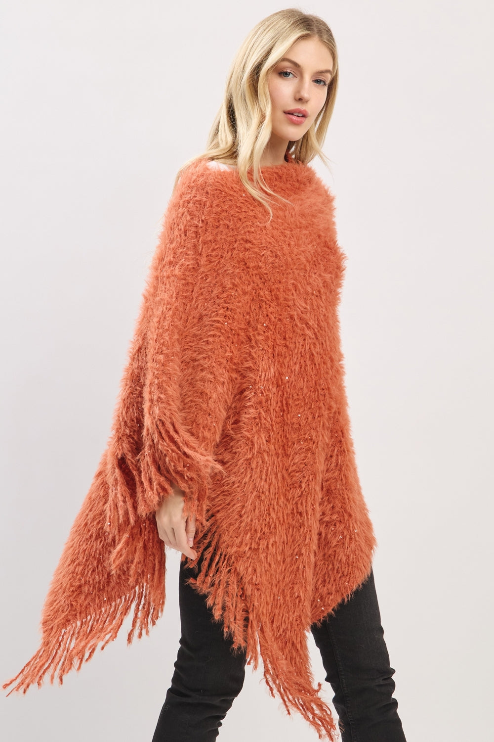 Lightweight Fuzzy Sequin Poncho With Fringe
