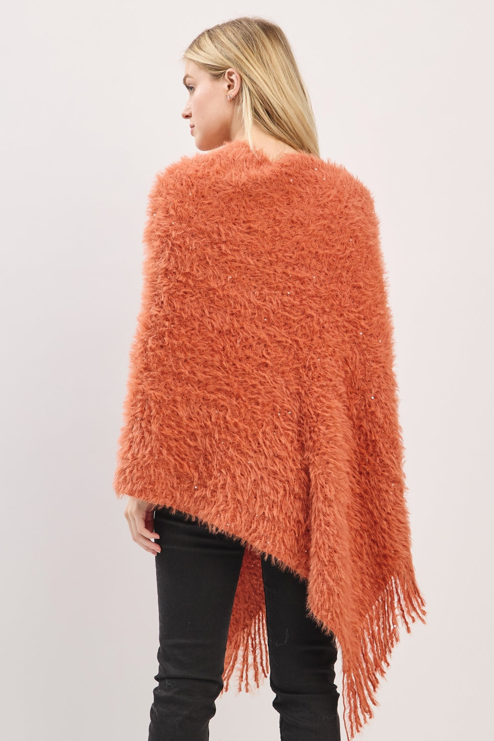Lightweight Fuzzy Sequin Poncho With Fringe
