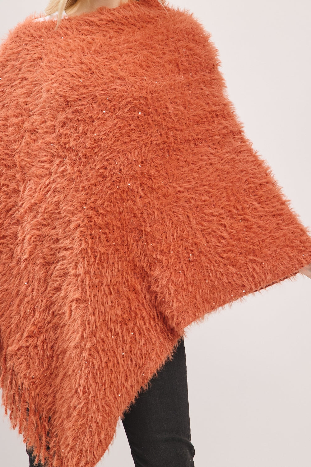 Lightweight Fuzzy Sequin Poncho With Fringe