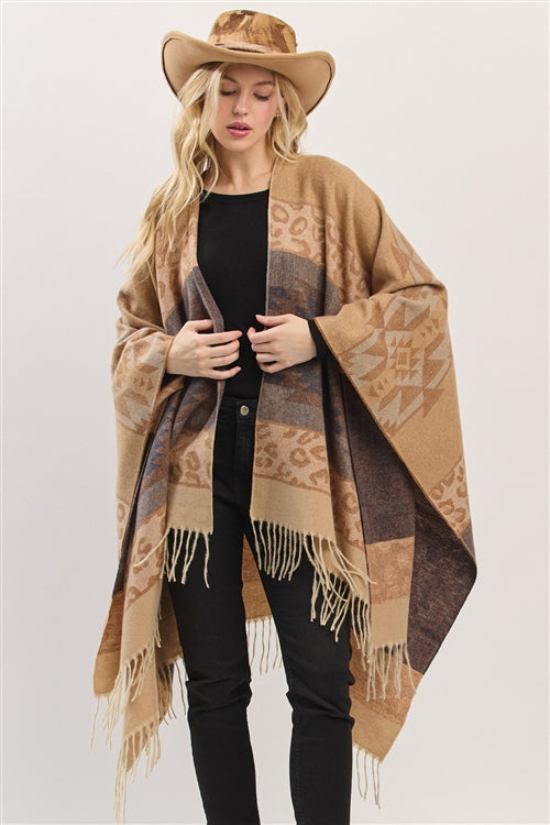 Aztec Leopard Pattern Fringe Ruana