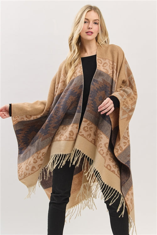 Aztec Leopard Pattern Fringe Ruana