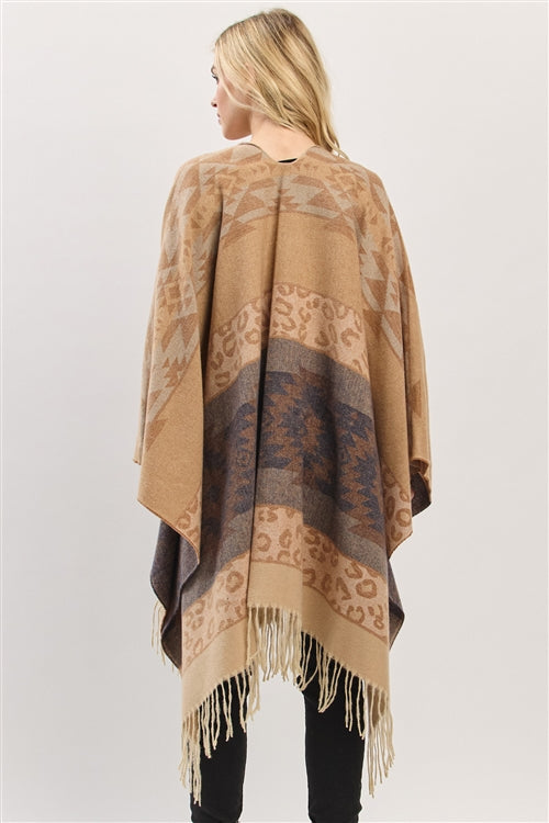 Aztec Leopard Pattern Fringe Ruana