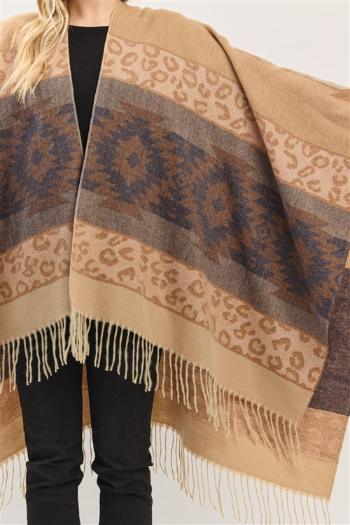 Aztec Leopard Pattern Fringe Ruana