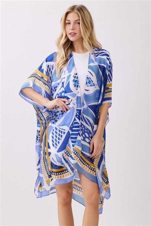 Abstract Botanical Print Silky Feel Kimono