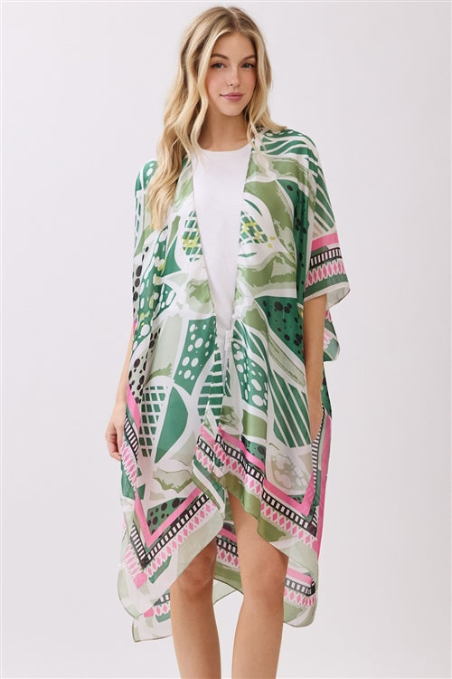Abstract Botanical Print Silky Feel Kimono