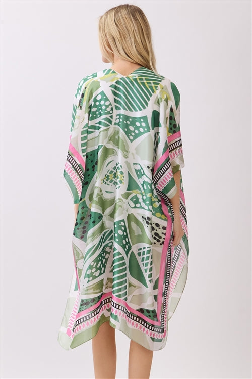 Abstract Botanical Print Silky Feel Kimono