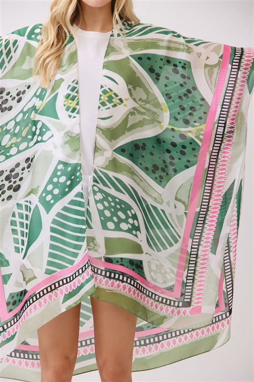 Abstract Botanical Print Silky Feel Kimono